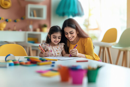 indian mother and daughter coloring in an activity book