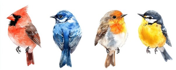 Bird set watercolor illustration. Finch, red cardinal, eastern bluebird, goldfinch, robin, wren image. Realistic garden and forest birds collection. Beautiful backyard avian set on, Generative AI