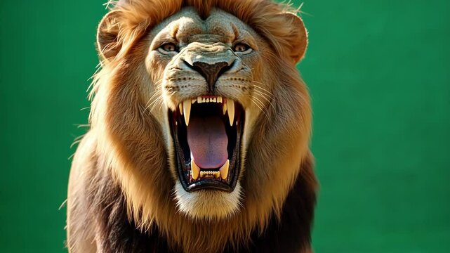 Fierce male lion roars against a green screen, showcasing its power and danger. Perfect for nature projects, this editable template offers versatility for video production