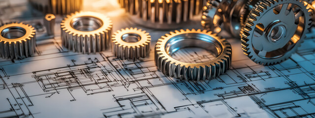 Fototapeta premium Detailed Metallic Gears on a High-Tech Blueprint
