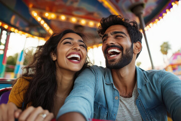 young indian couple enjoying on roller coaster