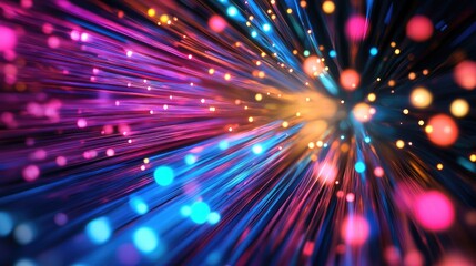 Naklejka premium Bright speed lines against a dark background, symbolizing the flow of data through high-speed optical cables.