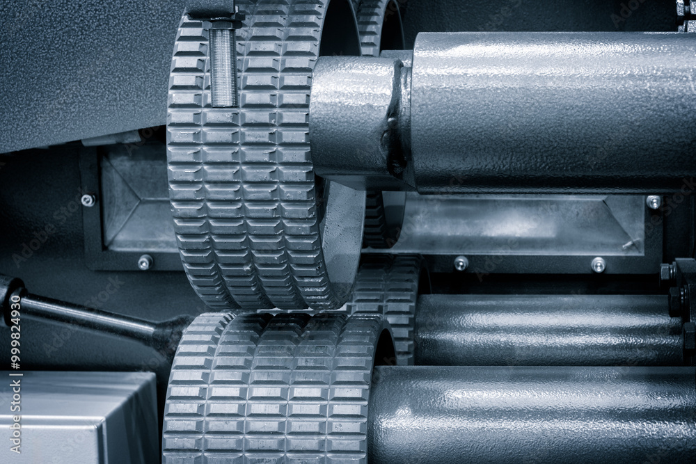 Poster a machine with many wheels and a black color. the wheels are made of metal and are connected to each