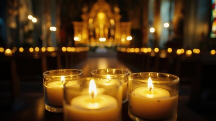 Candles glowing in a dark church, with an illuminated altar in the background, evoking a sense of faith and peace.