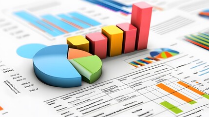 bar graph, pie chart and report paper isolated on white. 