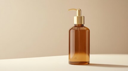 Fototapeta premium Amber glass serum bottle with gold pump, close-up against a neutral background, showcasing design. No logo. No people.