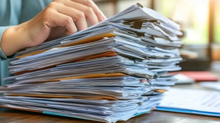 Close-up hand placed on top of the large stack of paper files and documents at the office desk.