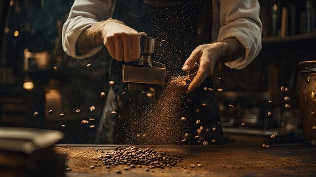 A barista grinds coffee beans, creating a cloud of coffee grounds in a rustic setting.