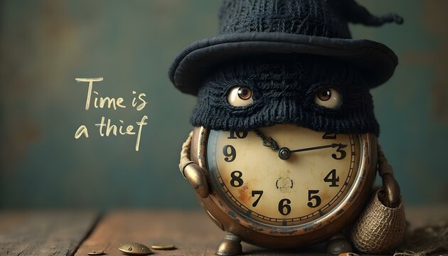 Time is a thief representing missed valuable moments, opportunities, and experiences 