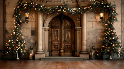 Beautifully decorated entrance featuring grand wooden door adorned with festive garlands, twinkling lights, and elegant lanterns