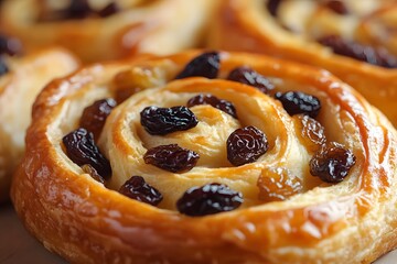 Close-Up of Pain aux Raisins: Spiral of Dough and Raisins