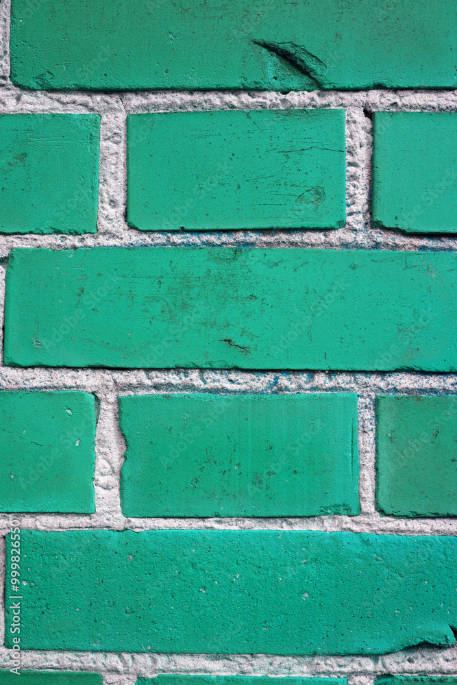 Wall mural outdoor, green and closeup on surface of brick wall for home, house or city building with pattern or