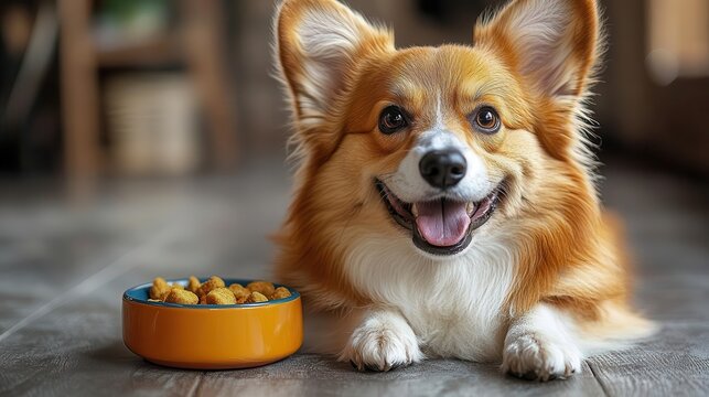 whimsical pet portrait joyful dog with wide smile beside colorful food bowl cute cartoonish style on plain background pet happiness concept
