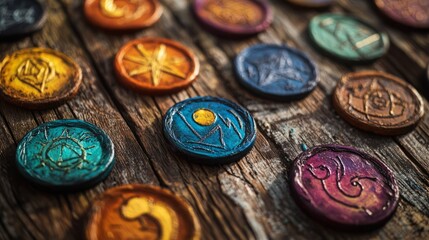 Colorful Talismans on Wooden Surface