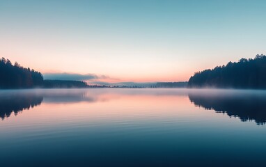 Obraz premium A serene lake at dawn, reflecting soft colors and mist, creating a tranquil atmosphere.