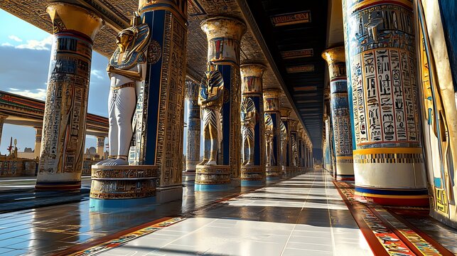 Ancient Egyptian Temple Hallway with Ornate Columns and Hieroglyphics