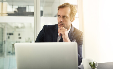 Thinking, laptop and planning with business man for policy, finance regulations and compliance...