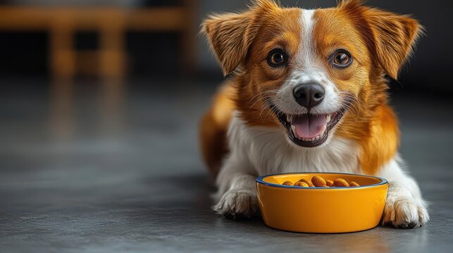 whimsical pet portrait joyful dog with wide smile beside colorful food bowl cute cartoonish style on plain background pet happiness concept