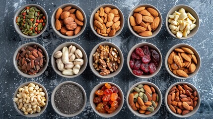 Assortment of nuts and dried fruits in small bowls on a rustic surface.