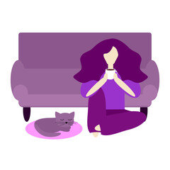 Nice girl or young woman with a cup of coffee and a cat  at home vector illustration