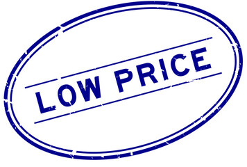 Grunge blue low price word oval rubber seal stamp on white background