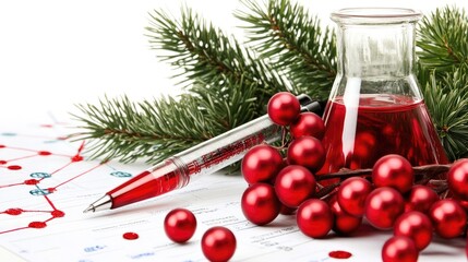 Close-up of scientific test tubes alongside festive decorations, showcasing vibrant graphs and holiday spirit in a seasonal study setting