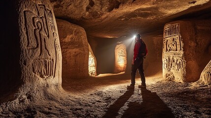 A person explores an ancient cave with carved symbols, illuminated by a headlamp, showcasing historical art and architecture.