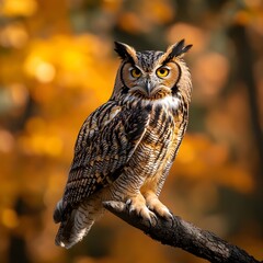 Obraz premium Great horned owl perched on a branch, showcasing its brown feathers, striking yellow eyes, and majestic presence as a wise predator in the wild