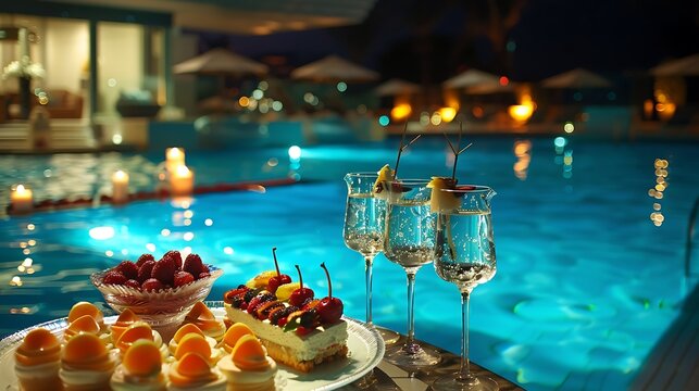 Enjoying desserts and sweet treats at the resort with friends provides a delightful break allowing everyone to savor the moment and continue having a great time together with blue swimming pool