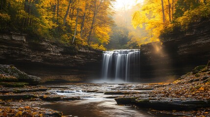 serene autumn landscape featuring a majestic waterfall cascading down rugged rocks, surrounded by a forest in full fall bloom. The trees display vibrant
