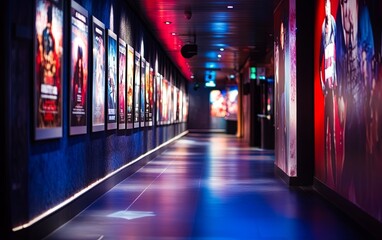 A vibrant hallway lined with colorful movie posters, creating an inviting atmosphere for entertainment enthusiasts.