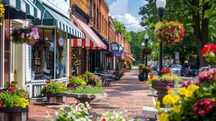 A street with many shops and a sidewalk with potted plants