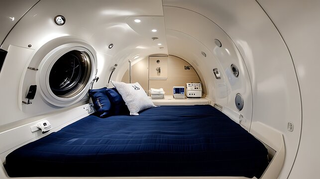 Modern Hyperbaric Oxygen Chamber Interior with Bed and Medical Equipment