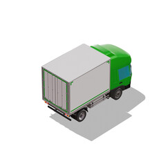 3D Isometric Cargo Truck Photoreal Vector Illustration Modern Green Cabine and White Van City Delivery Vehicle 4x2 Design for Logistics and Transport Presentation Social Media Video Promo Back Right