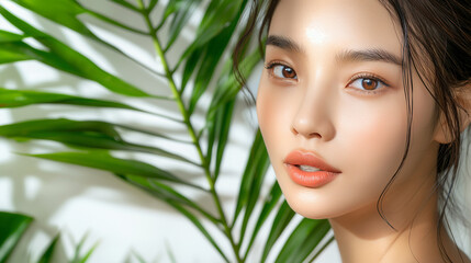 Fototapeta premium Beautiful Asian woman with glowing skin surrounded by green tropical leaves