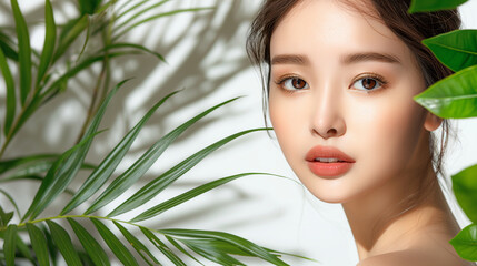 Fototapeta premium Beautiful Asian woman with glowing skin surrounded by green tropical leaves