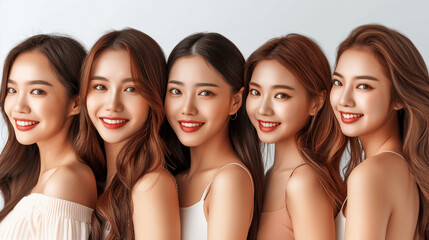 Obraz premium Group of smiling young Asian women standing in a row with soft makeup and long hair