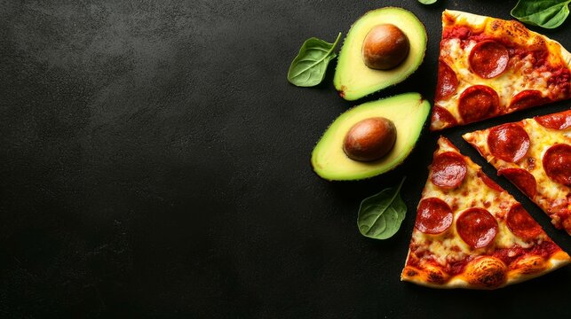 Delicious pepperoni pizza slices with avocado on a dark stone surface. - Powered by Adobe