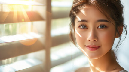 Smiling woman with natural makeup standing near window with sunlight