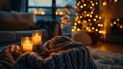 A cozy living room with a Christmas tree and two candles on a blanket