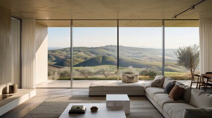 A large living room with a view of the mountains