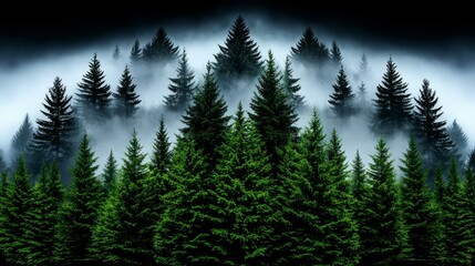 Fototapeta premium Mystical forest with dense green trees shrouded in fog and shadows.