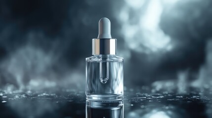Clear dropper serum bottle with silver accents, on a reflective surface capturing the light. No logo. No people.