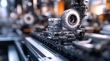 Fototapeta premium Detailed close-up of robotic gears and components in an automated factory setting, representing precision tech.