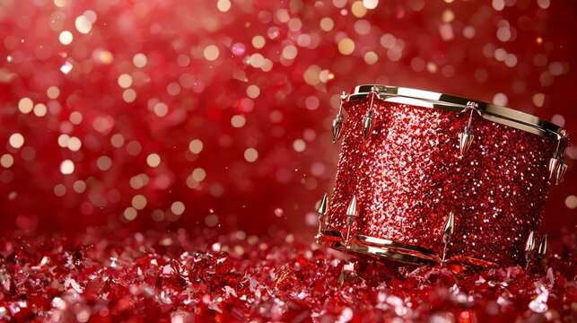Sparkling red drum on a glittery background, perfect for music-themed decor.