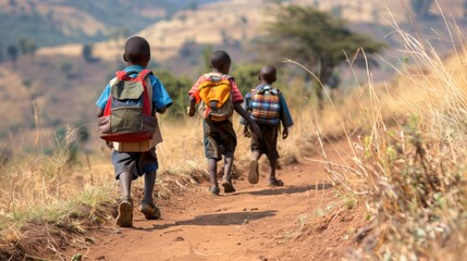Fototapeta premium equality education volunteer service concept picture of poor African students walking along dirt path to school at Africa