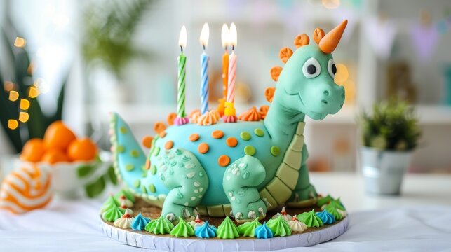 A green dinosaur cake with three candles on it