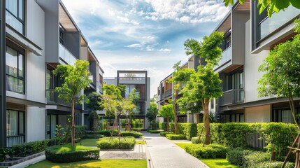 A row of apartment buildings with a green courtyard in between