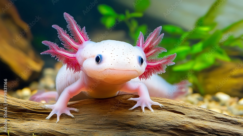 Wall mural Albino Axolotl on Branch with Green Plants in Aquarium