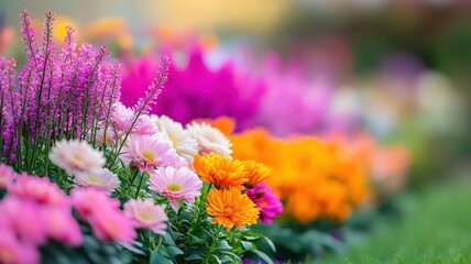 Obraz premium A vibrant array of colorful flowers in full bloom, showcasing a variety of petals and shades, perfect for brightening any garden or floral arrangement.